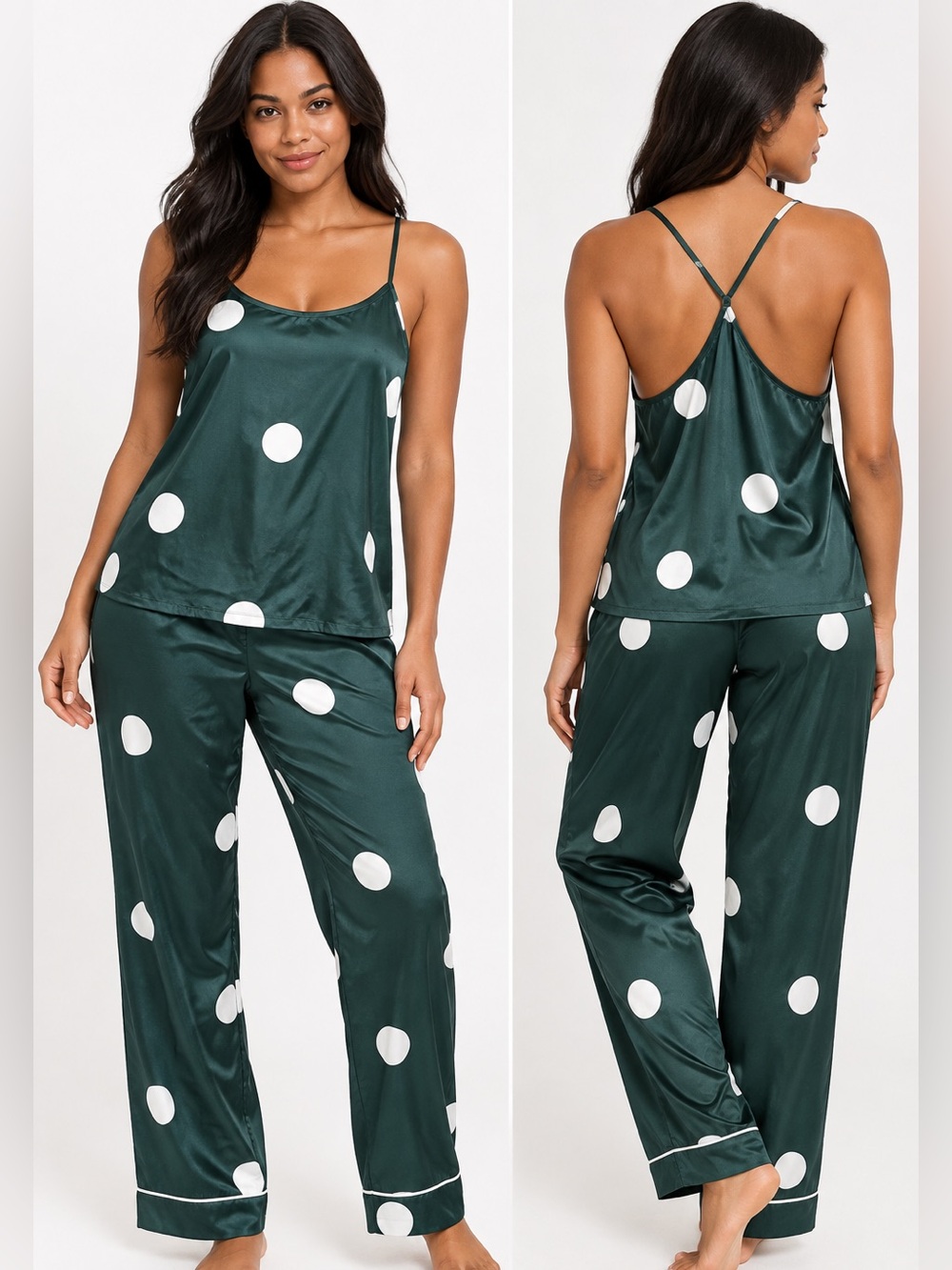 Satin Polka Dot Camisole & Pant Sleep Set - Emerald Green